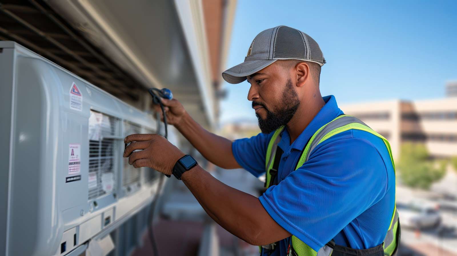 HVAC Technician Maintenancing an Air Conditioner in South Ogden, UT An HVAC technician for Absolute Comfort performs maintenance on an HVAC system for a Comfort Club customer in South Ogden, UT